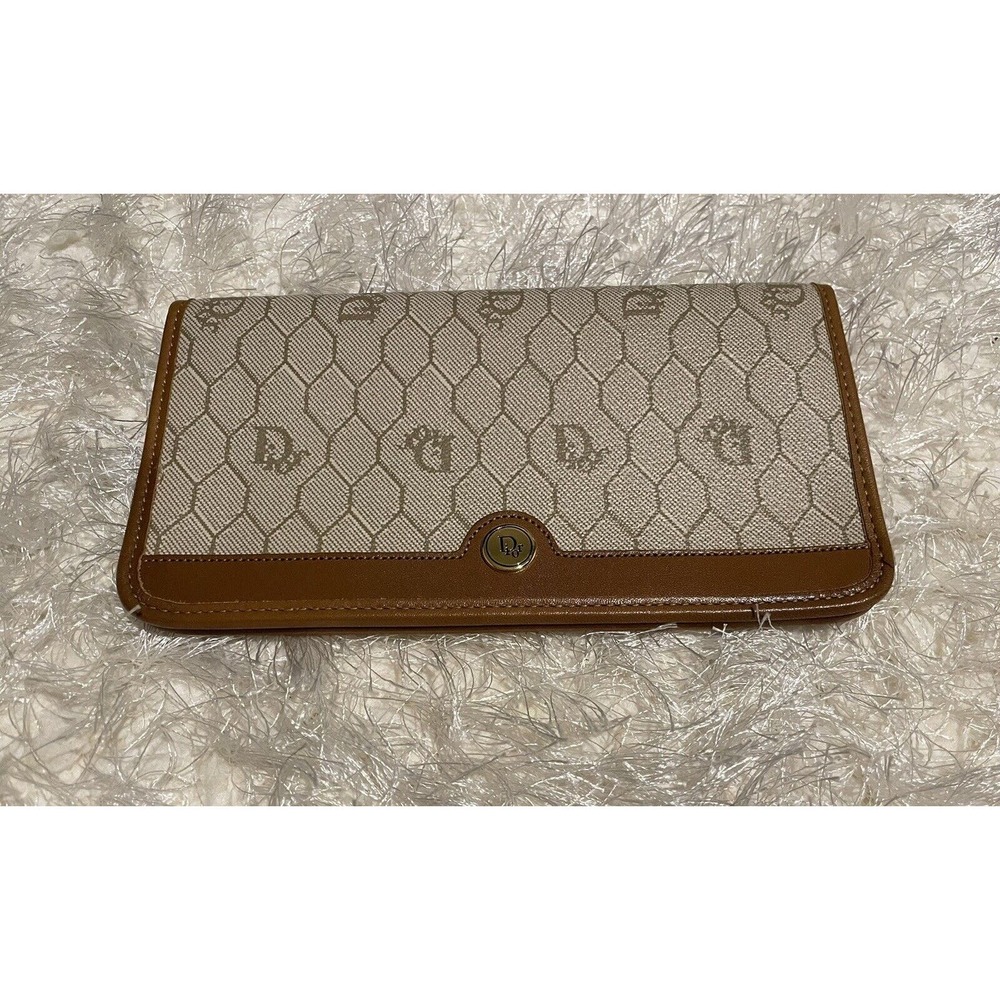 Christian Dior Vintage Wallet Caramel/brown Leather Beige Logo Canvas Designer